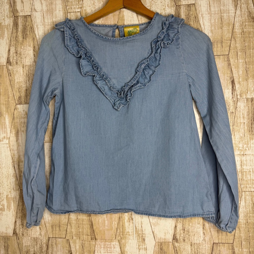 Thereabouts Kids Girls Denim‎ Chambray Long Sleeve Ruffle V Neck Top Size 14
